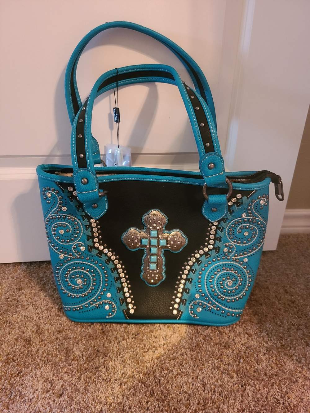 Montana West Turquoise and Black Studded Cross Shoulder Bag